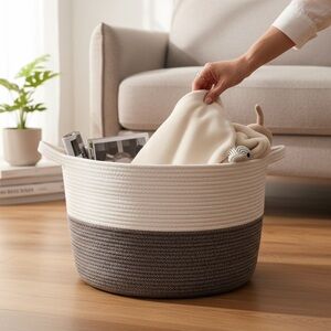 GOODPICK Storage Basket Woven Rope Laundry Toy Blanket Holder Large Gray White